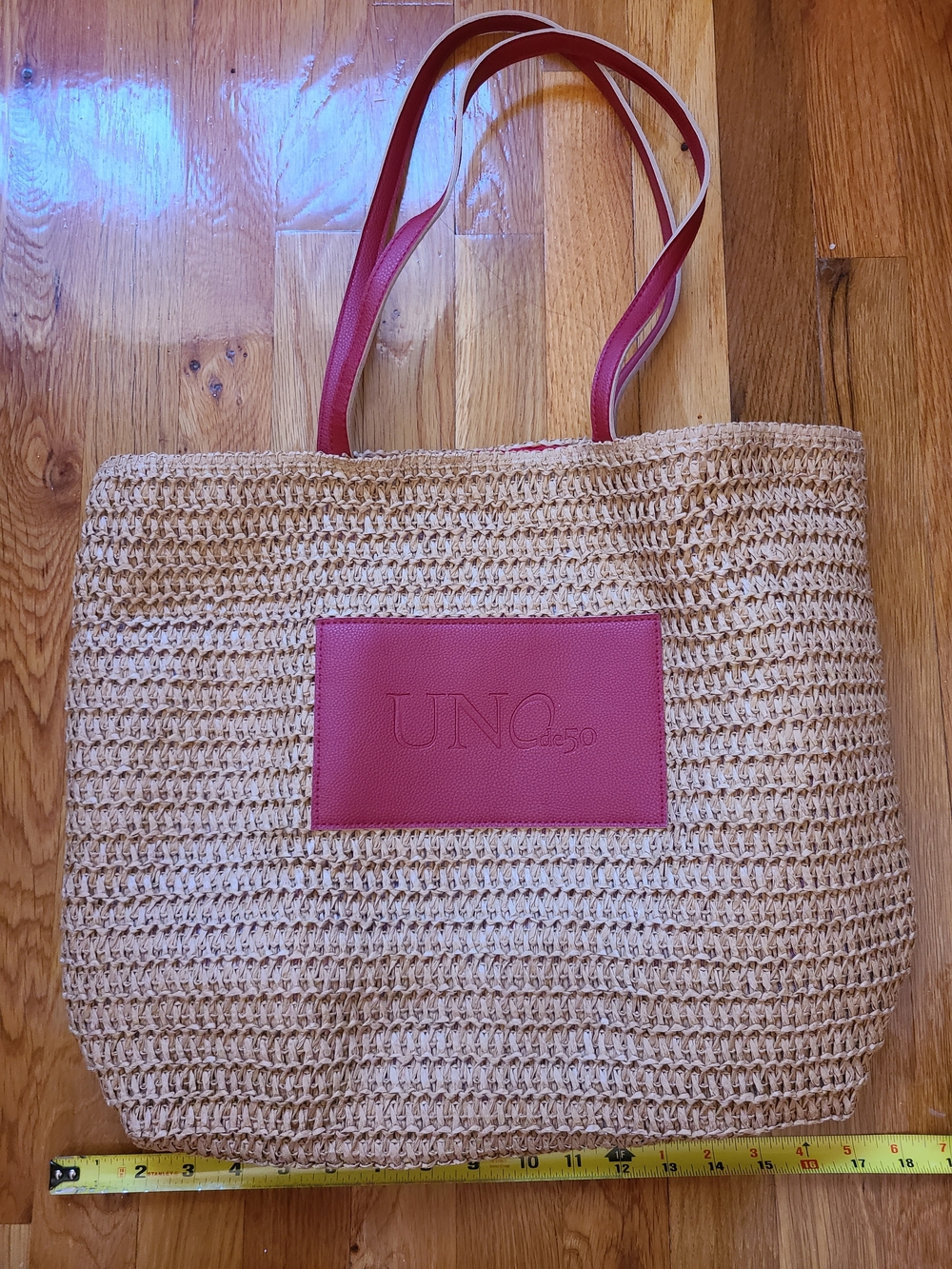 UNO de 50 Straw Tote Bag Red Trim Pink & Beige Like New